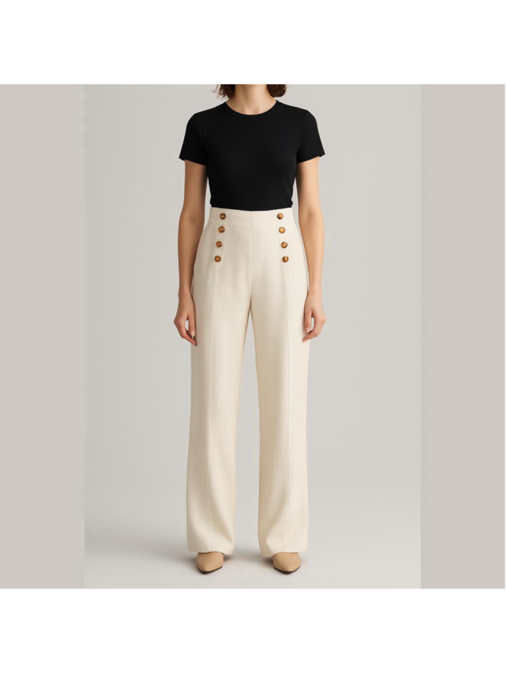 DKNY High Rise Wide Leg Sailor Pants Cream Tortoise Button Nautical Trousers 16